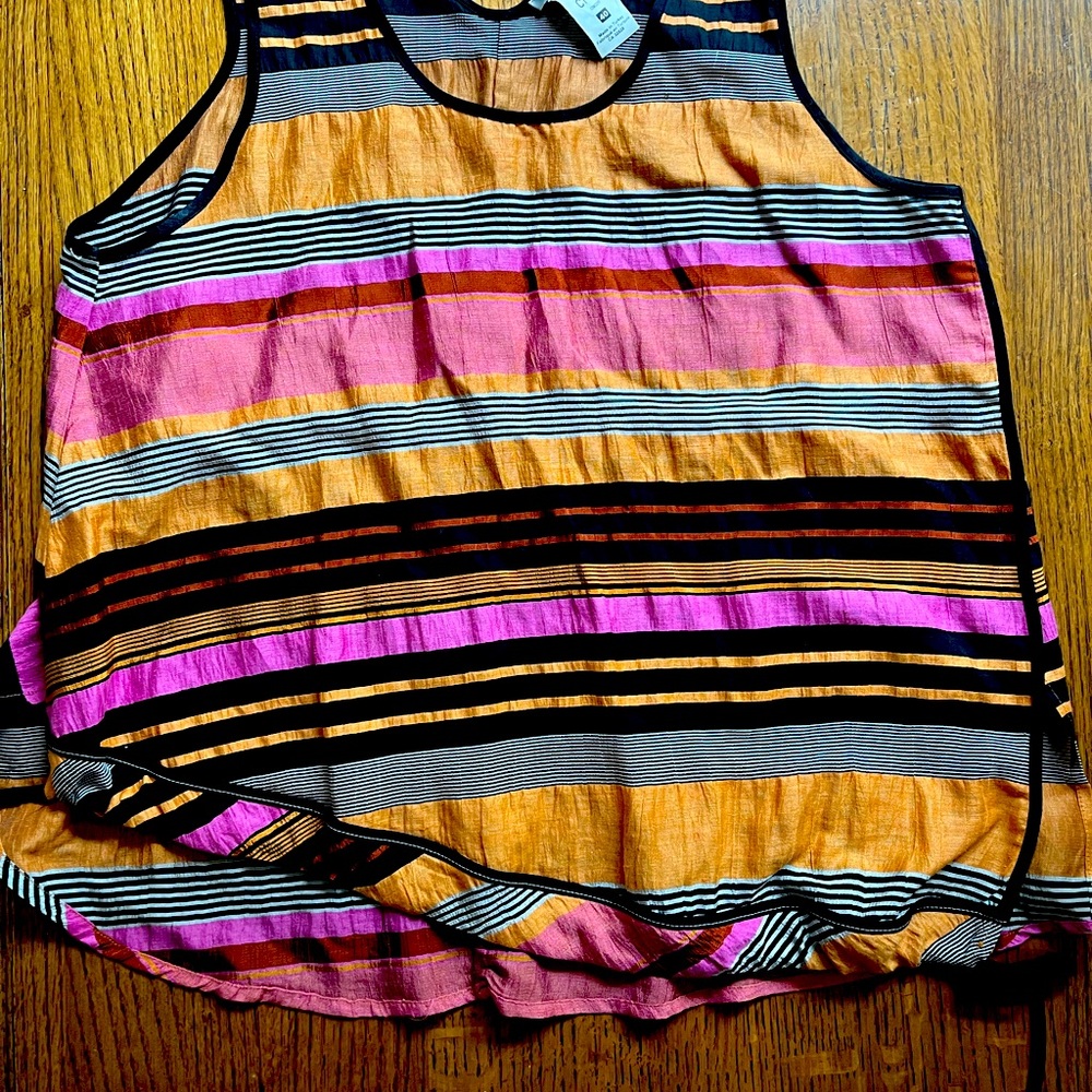 Crea Concepts Striped Colorful Linen Blend Lie Waist Scoop Neck Sleeveless Top